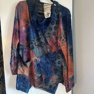 Vintage Blue and Orange Asymmetrical Graphic Blouse